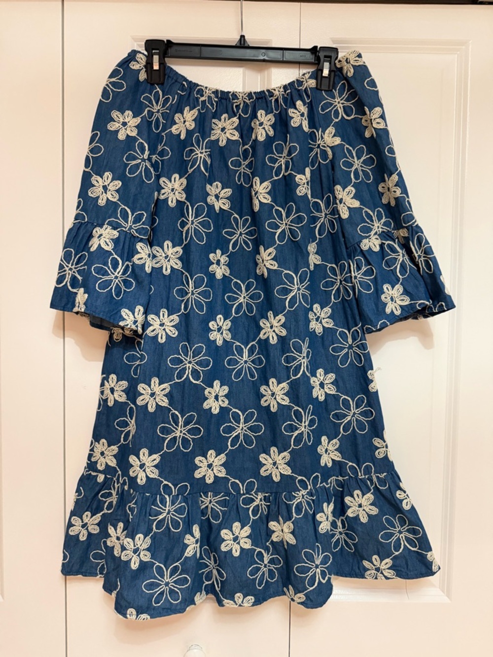 Beige by ECI Denim Blue Embroidered Floral Off Shoulder Dress Ruffle Hem Boho